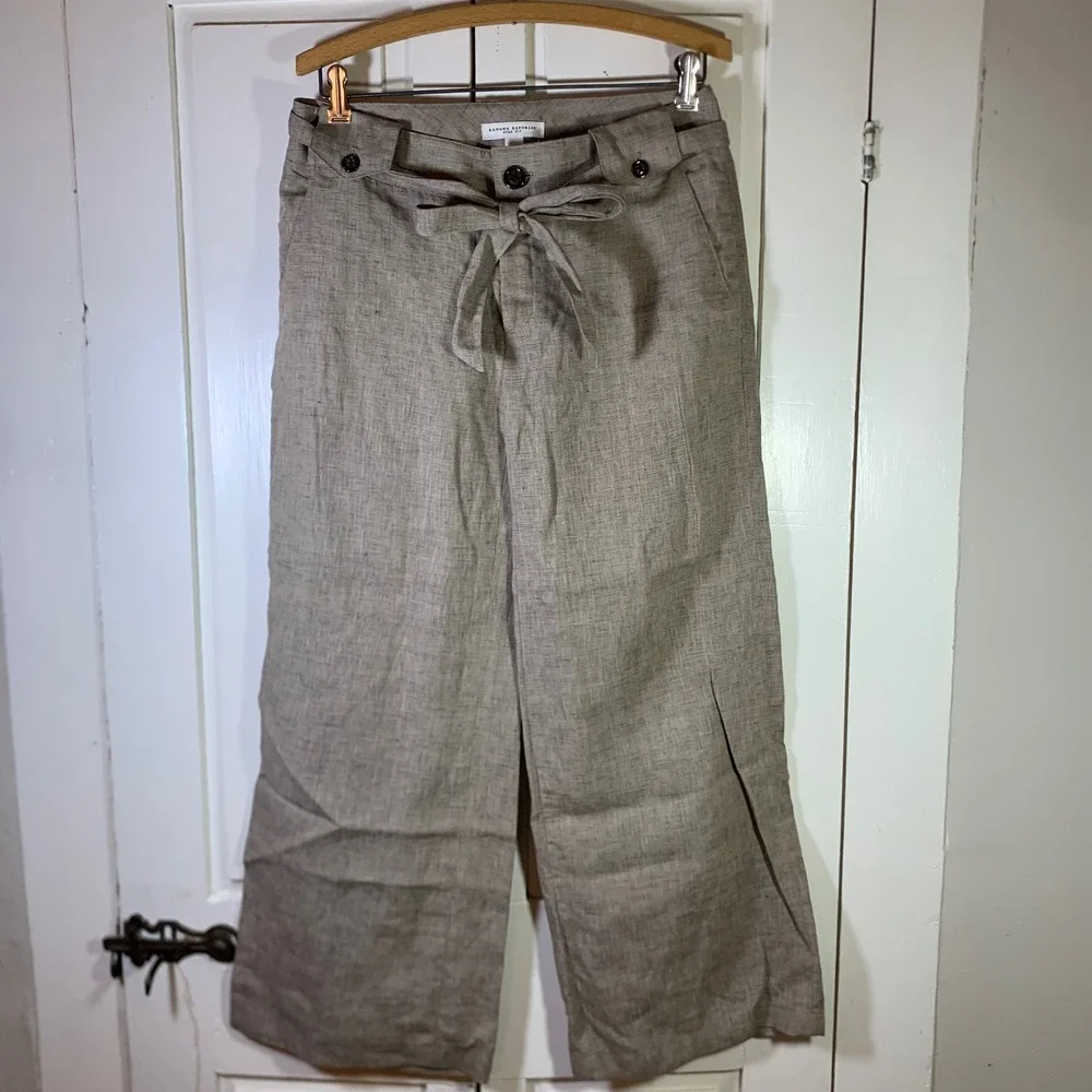 Banana Republic Ryan Fit Wide Leg Linen Pants Taupe Tie Waist Trousers Womens 4